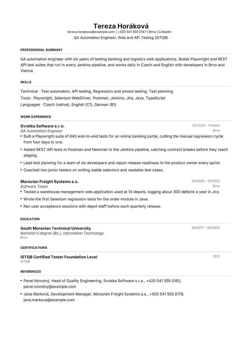 Czech Republic resume template sample in FAANGPath, page 1: fictional QA Automation Engineer, Web and API Testing (ISTQB)