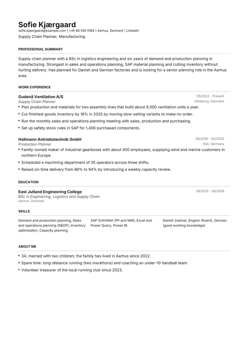 Denmark resume template sample in Henrietta, page 1: fictional Supply Chain Planner, Manufacturing