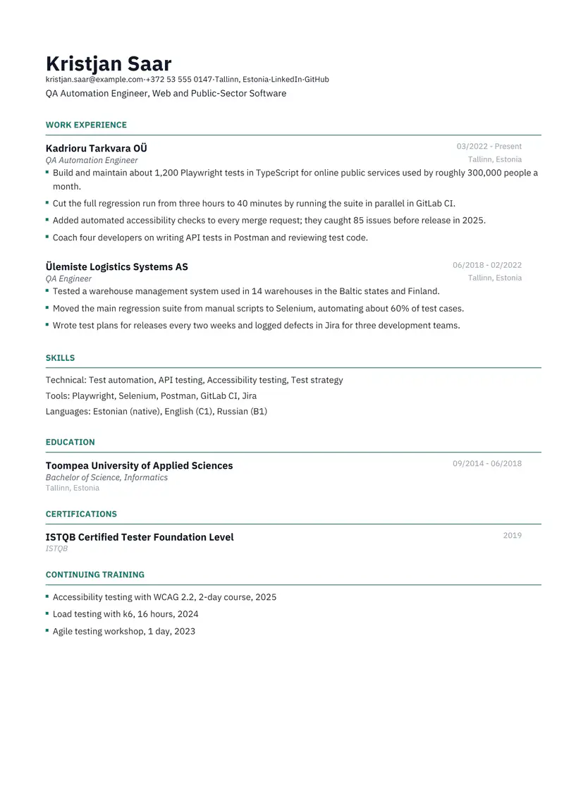 Estonia resume template sample in Catalyst, page 1: fictional QA Automation Engineer, Web and Public-Sector Software