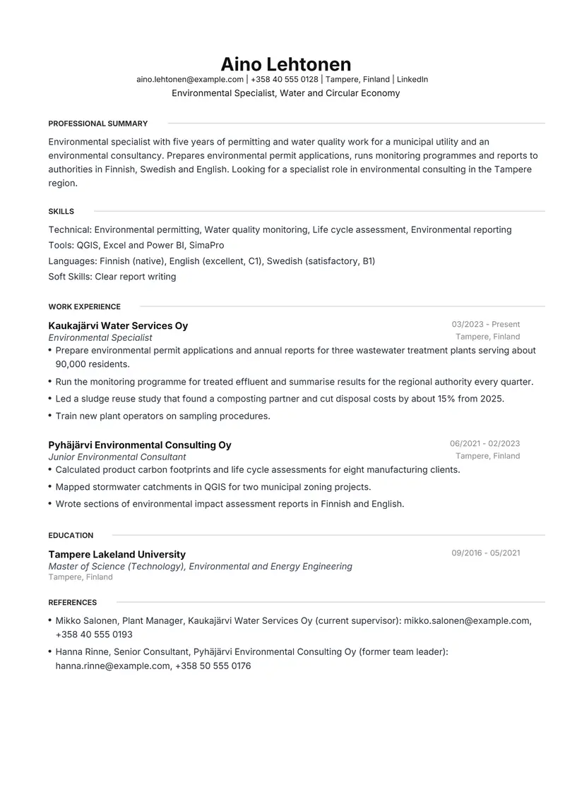 Finland resume template sample in Meridian, page 1: fictional Environmental Specialist, Water and Circular Economy