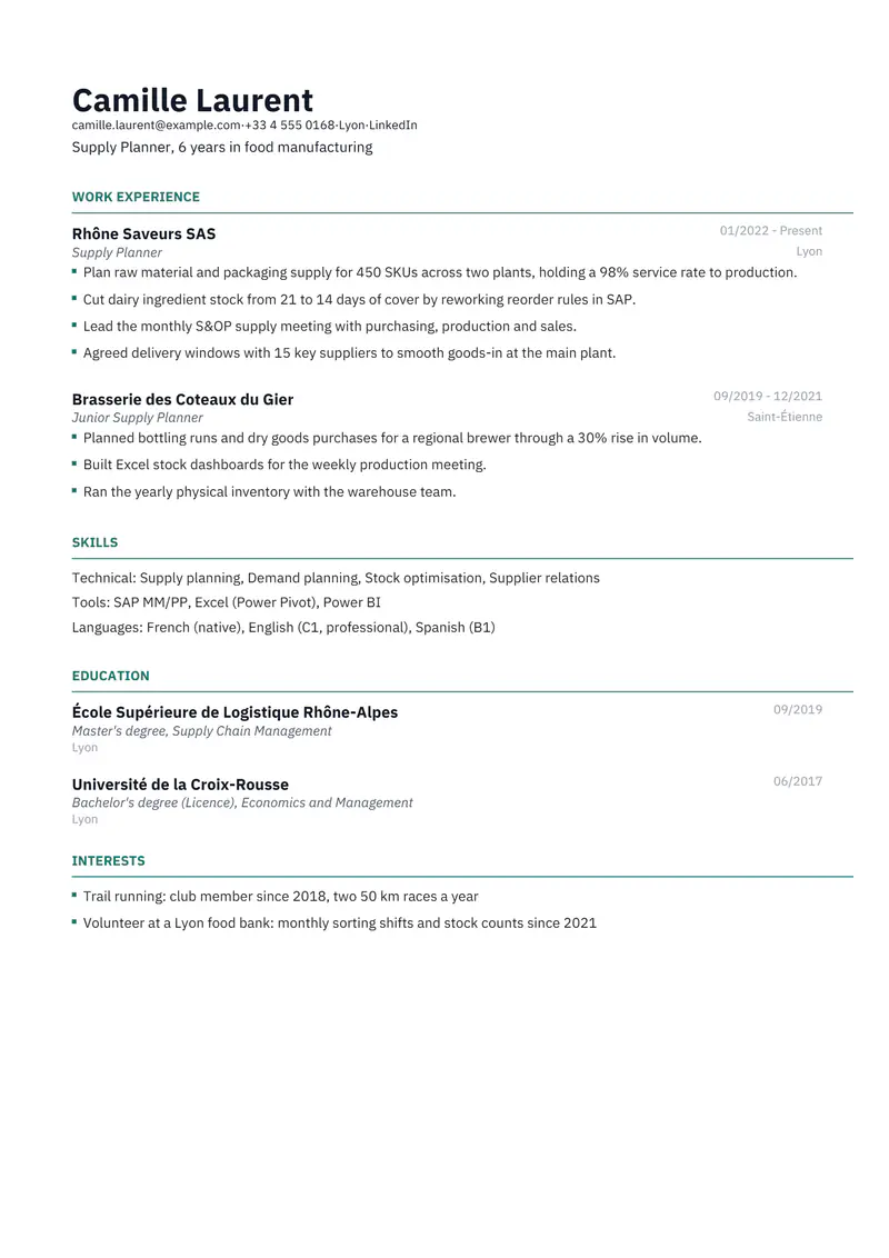 France resume template sample in Catalyst, page 1: fictional Supply Planner, 6 years in food manufacturing