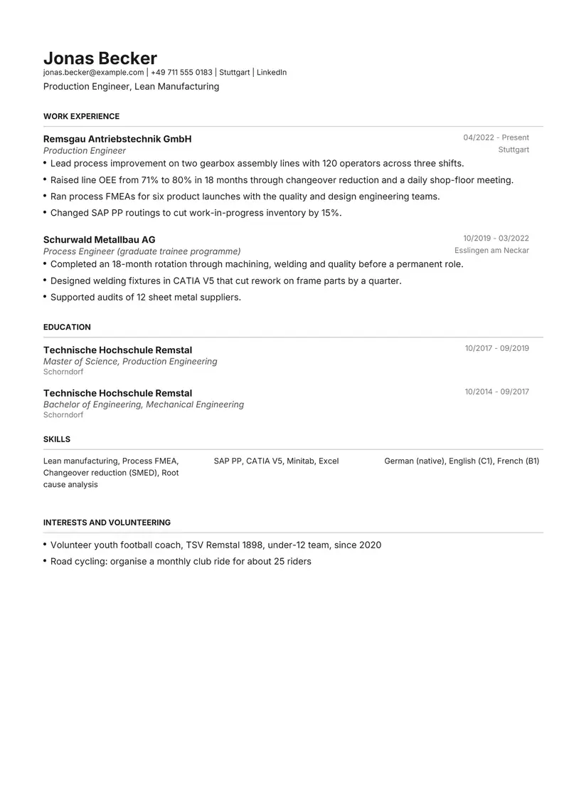 Germany resume template sample in Henrietta, page 1: fictional Production Engineer, Lean Manufacturing