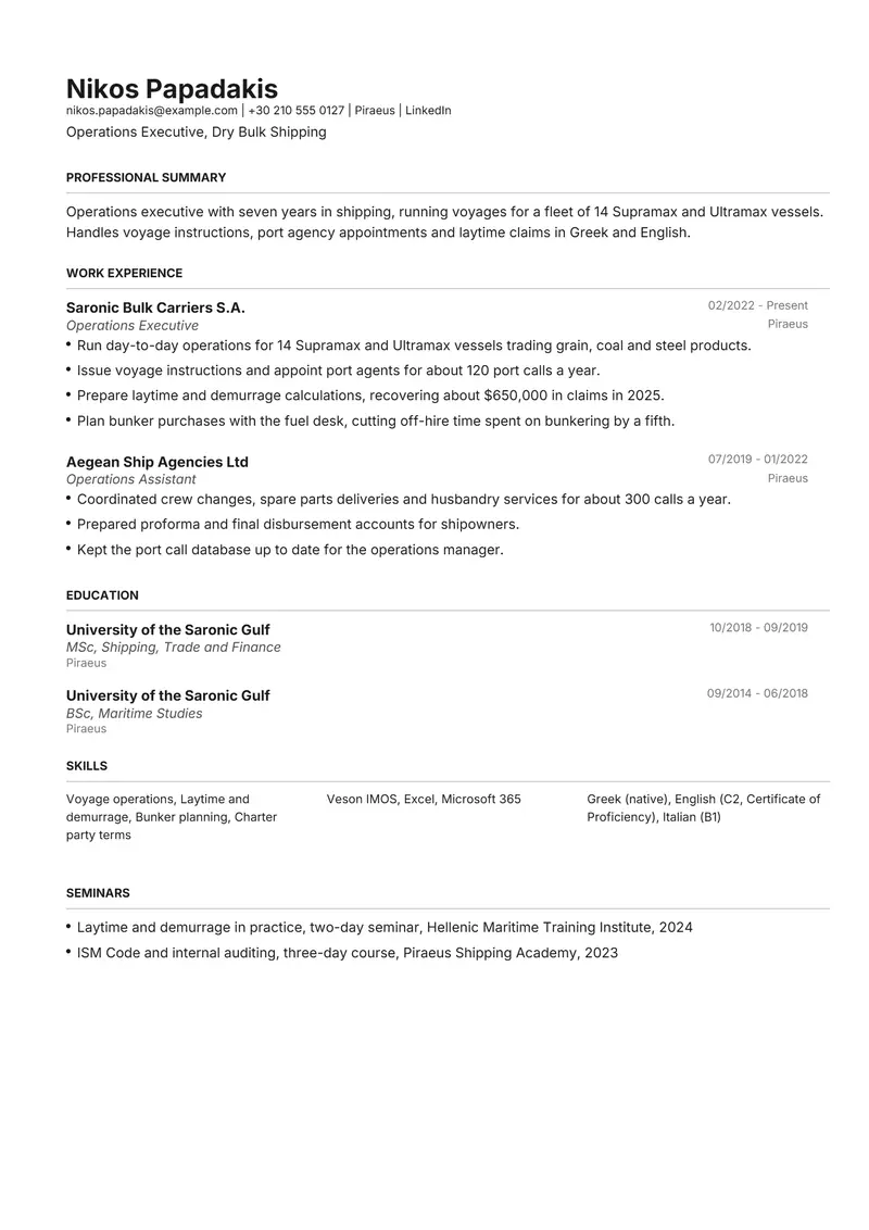 Greece resume template sample in Henrietta, page 1: fictional Operations Executive, Dry Bulk Shipping