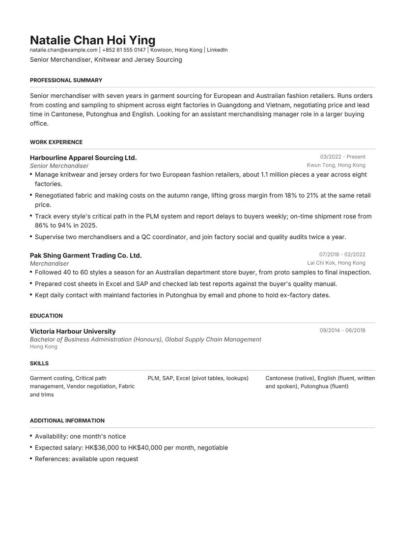 Hong Kong resume template sample in Henrietta, page 1: fictional Senior Merchandiser, Knitwear and Jersey Sourcing