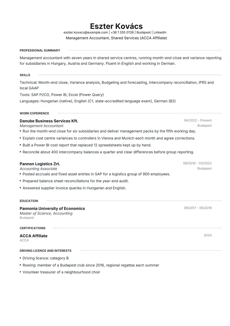 Hungary resume template sample in Meridian, page 1: fictional Management Accountant, Shared Services (ACCA Affiliate)