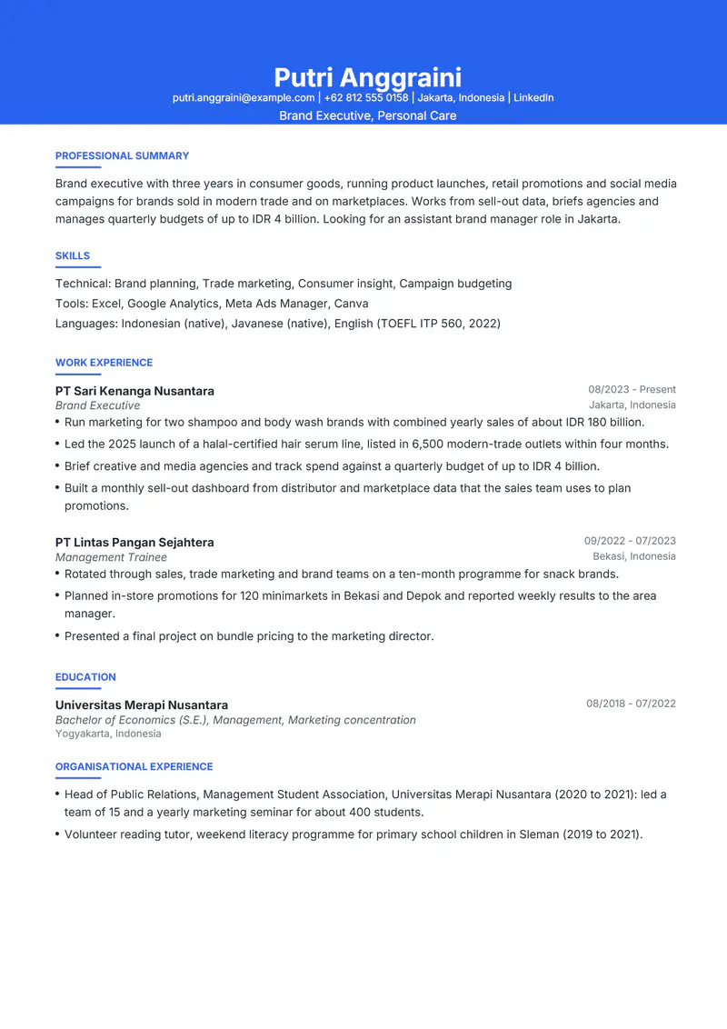 Indonesia resume template sample in Olivia, page 1: fictional Brand Executive, Personal Care