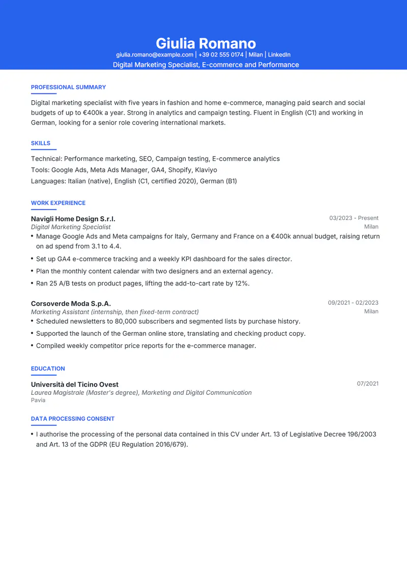 Italy resume template sample in Olivia, page 1: fictional Digital Marketing Specialist, E-commerce and Performance