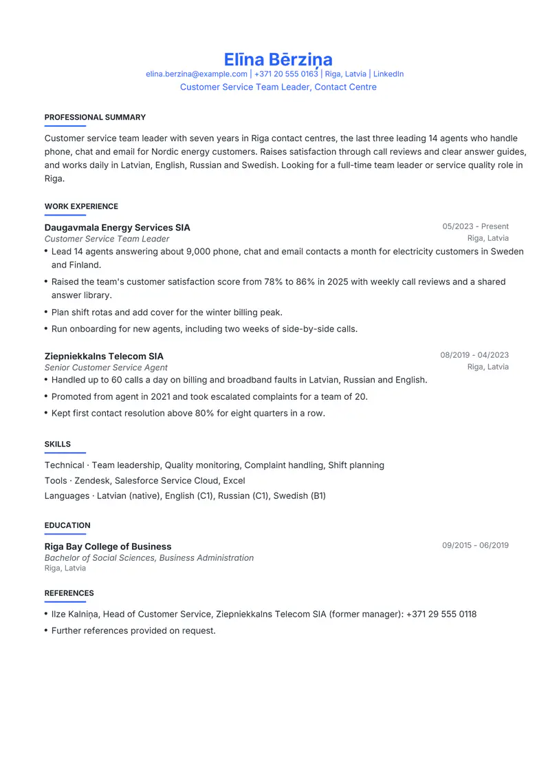 Latvia resume template sample in Leslie, page 1: fictional Customer Service Team Leader, Contact Centre