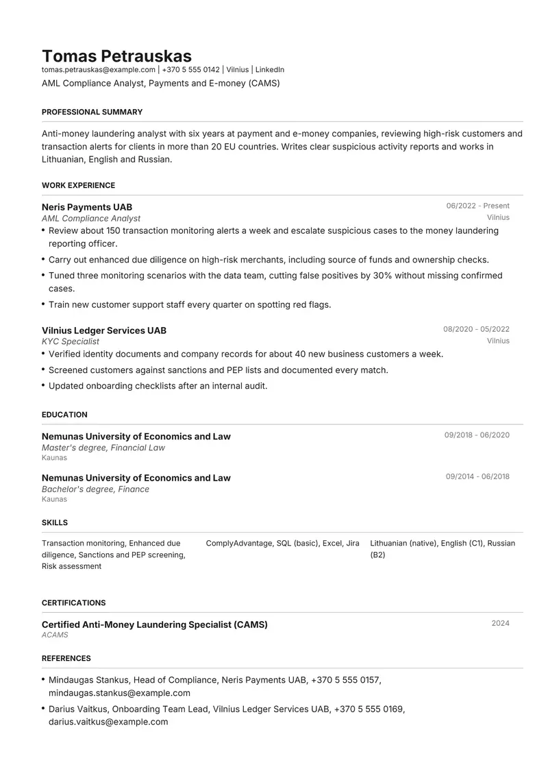 Lithuania resume template sample in Henrietta, page 1: fictional AML Compliance Analyst, Payments and E-money (CAMS)