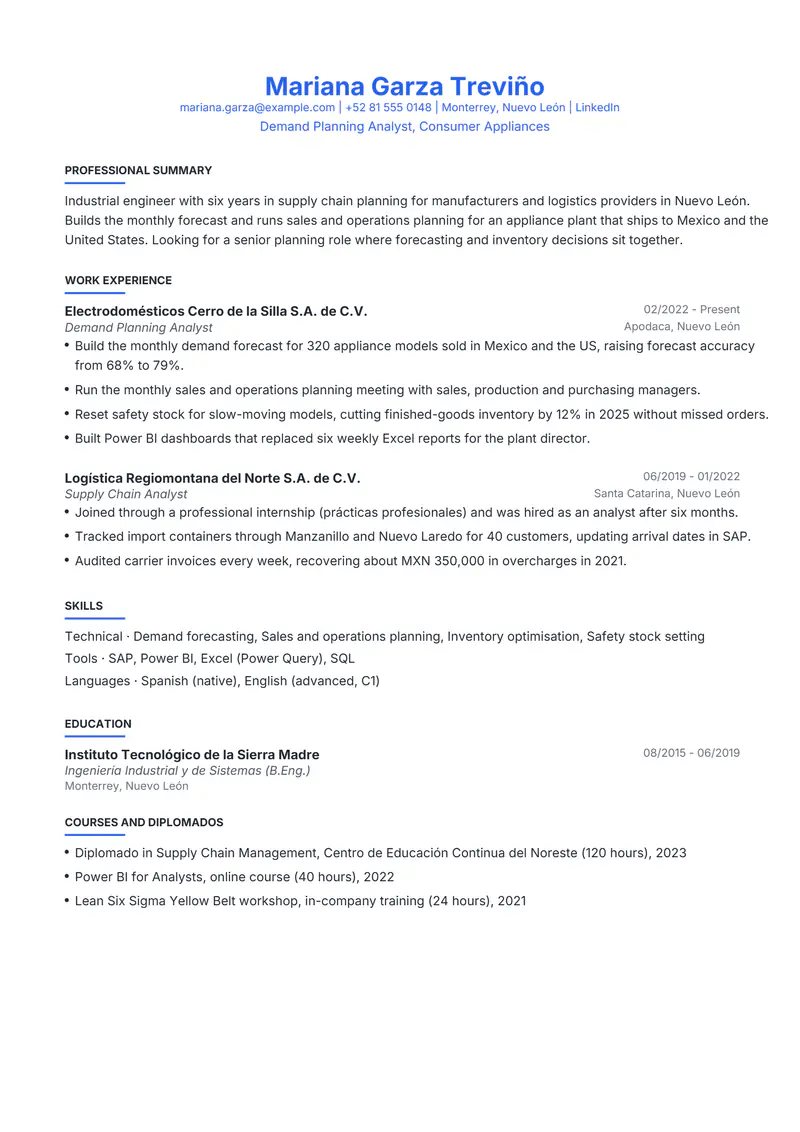 Mexico resume template sample in Leslie, page 1: fictional Demand Planning Analyst, Consumer Appliances