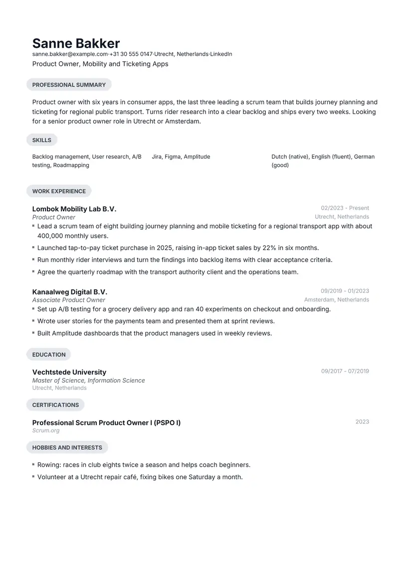 Netherlands resume template sample in Daniel, page 1: fictional Product Owner, Mobility and Ticketing Apps