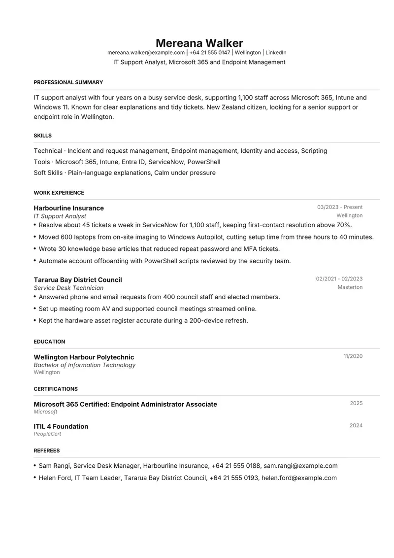 New Zealand resume template sample in FAANGPath, page 1: fictional IT Support Analyst, Microsoft 365 and Endpoint Management