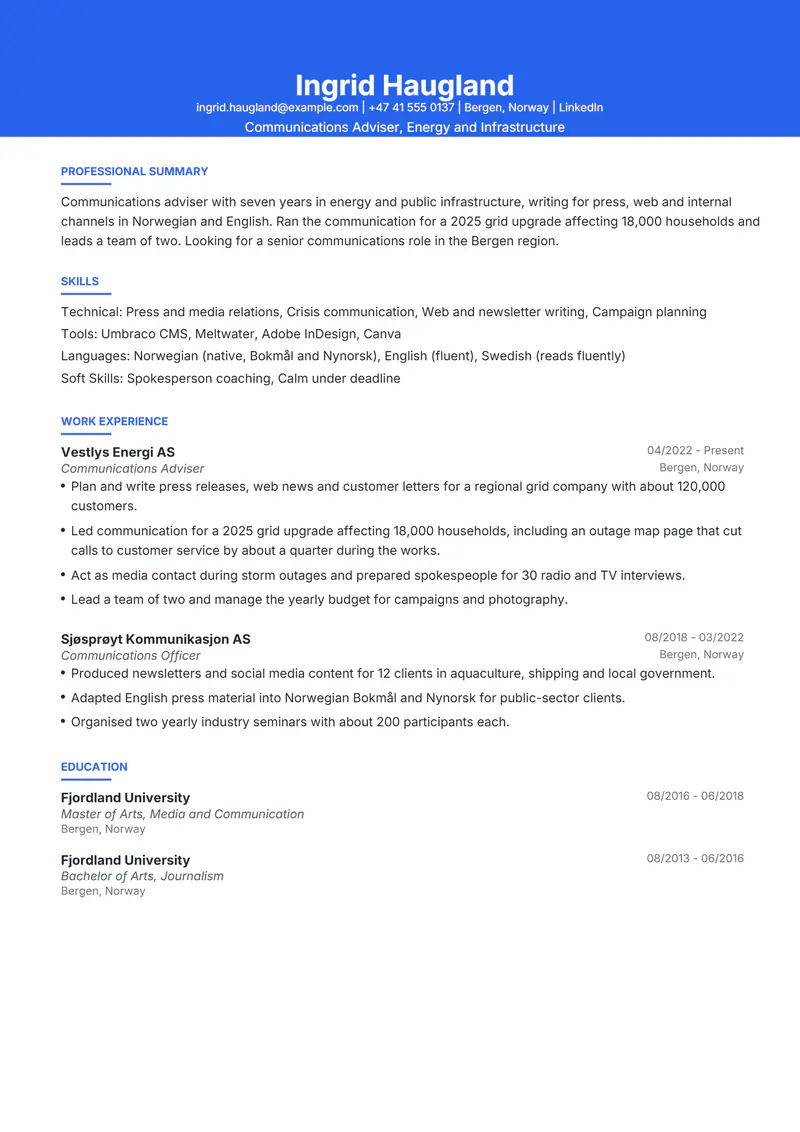 Norway resume template sample in Olivia, page 1: fictional Communications Adviser, Energy and Infrastructure
