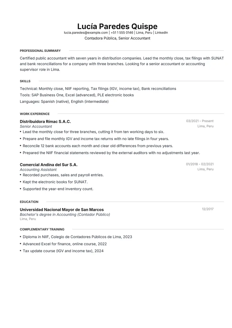 Peru resume template sample in Meridian, page 1: fictional Contadora Pública, Senior Accountant