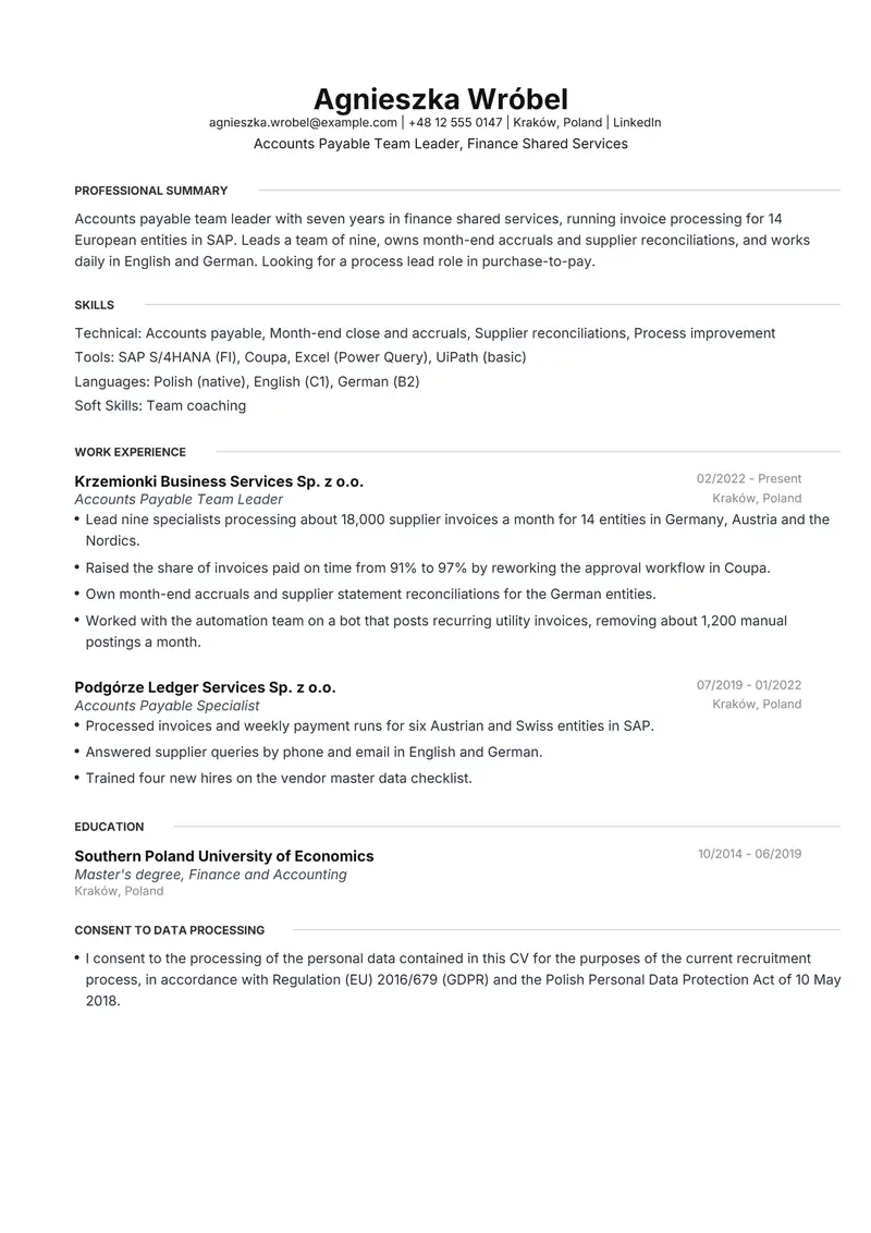 Poland resume template sample in Meridian, page 1: fictional Accounts Payable Team Leader, Finance Shared Services