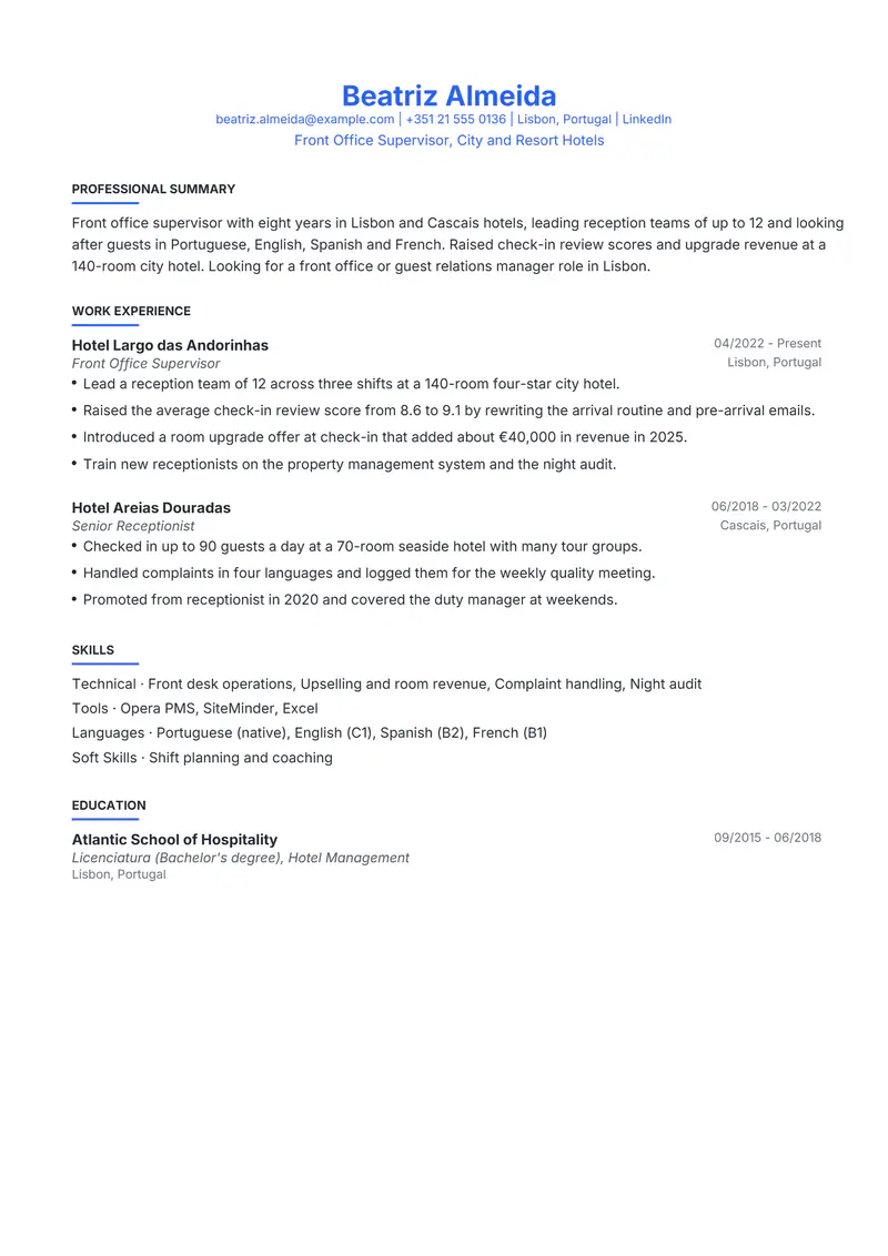 Portugal resume template sample in Leslie, page 1: fictional Front Office Supervisor, City and Resort Hotels
