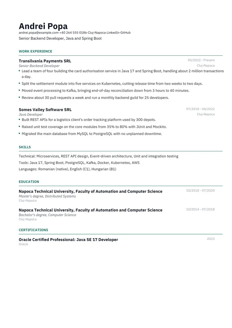 Romania resume template sample in Catalyst, page 1: fictional Senior Backend Developer, Java and Spring Boot