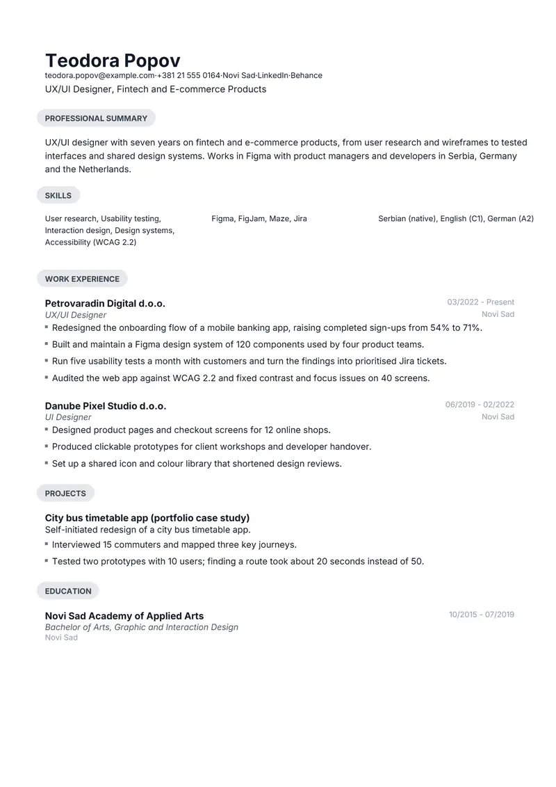 Serbia resume template sample in Daniel, page 1: fictional UX/UI Designer, Fintech and E-commerce Products