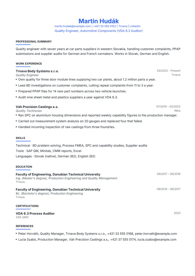 Slovakia resume template sample in Leslie, page 1: fictional Quality Engineer, Automotive Components (VDA 6.3 Auditor)