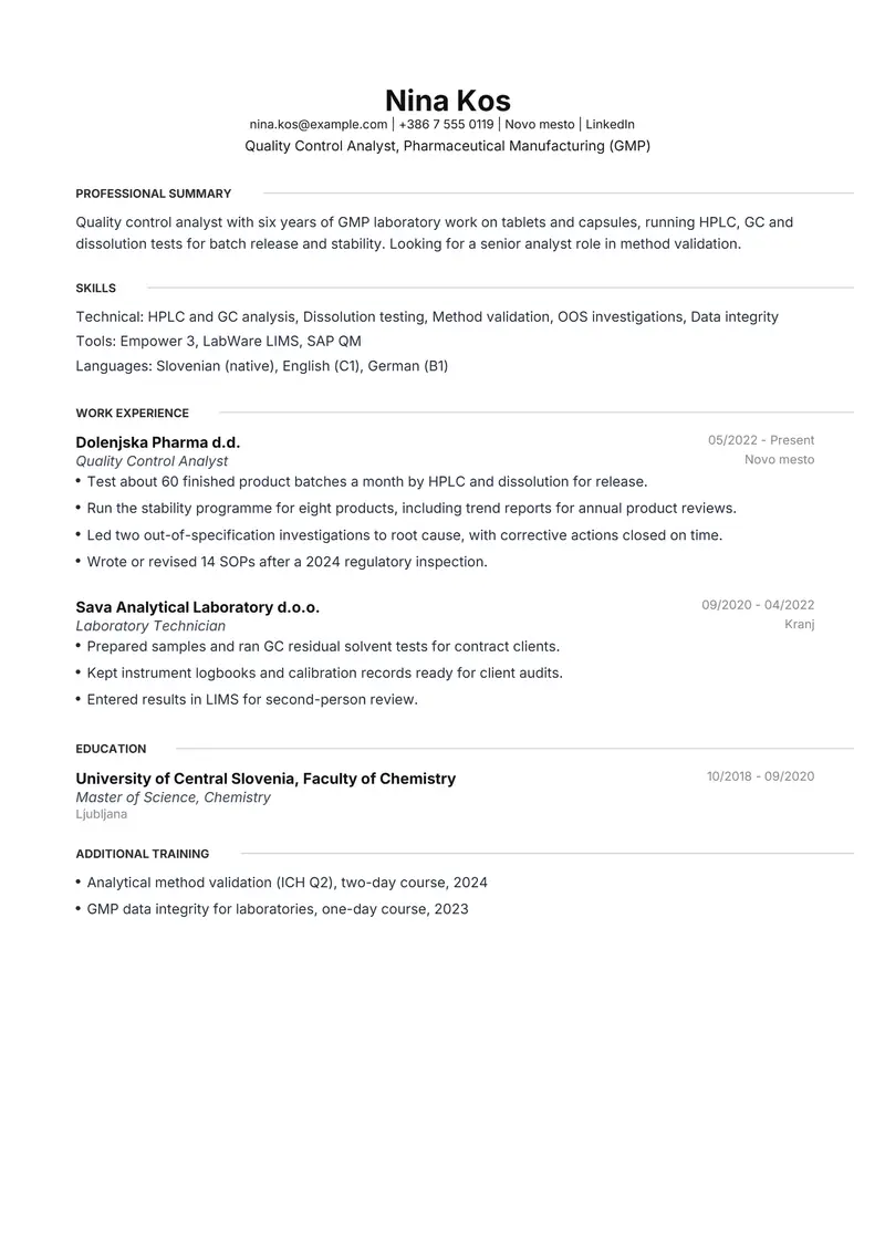 Slovenia resume template sample in Meridian, page 1: fictional Quality Control Analyst, Pharmaceutical Manufacturing (GMP)