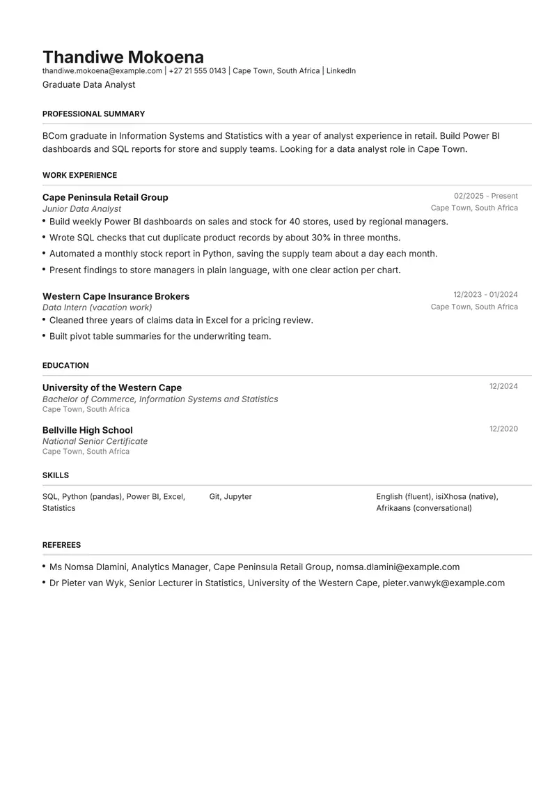 South Africa resume template sample in Henrietta, page 1: fictional Graduate Data Analyst