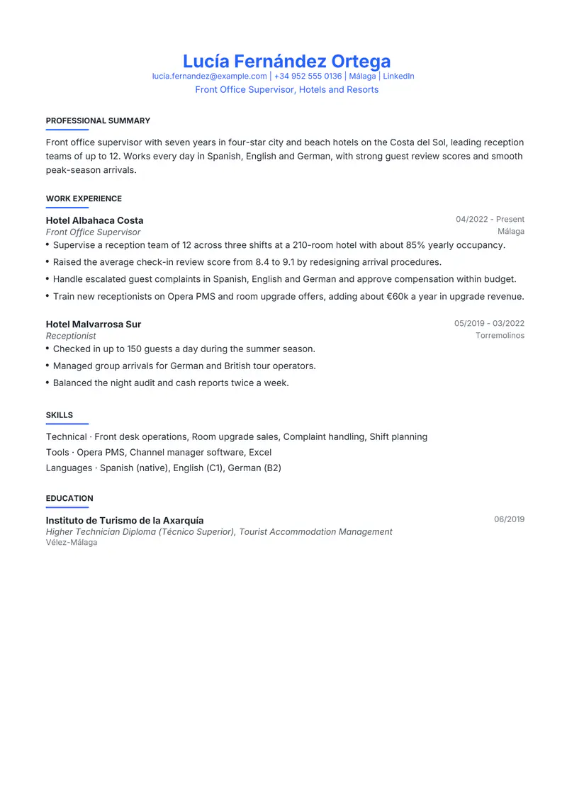 Spain resume template sample in Leslie, page 1: fictional Front Office Supervisor, Hotels and Resorts