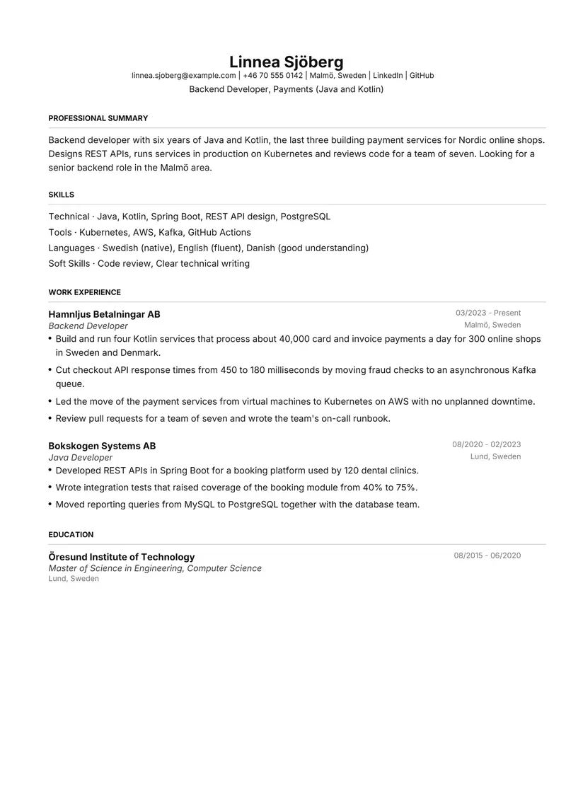 Sweden resume template sample in FAANGPath, page 1: fictional Backend Developer, Payments (Java and Kotlin)