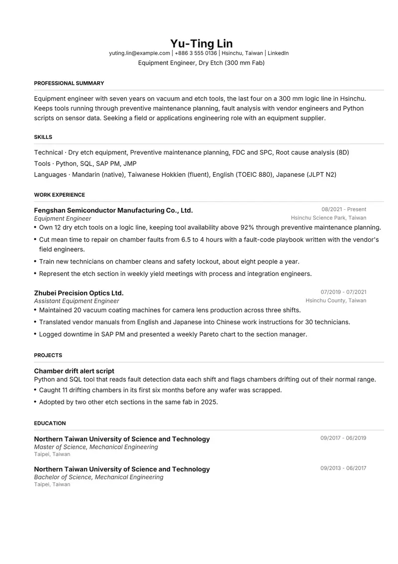 Taiwan resume template sample in FAANGPath, page 1: fictional Equipment Engineer, Dry Etch (300 mm Fab)