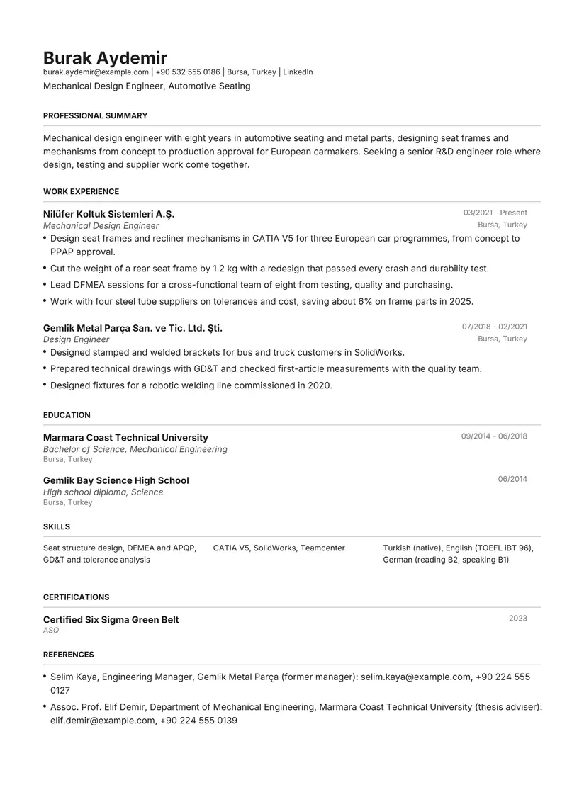 Turkey resume template sample in Henrietta, page 1: fictional Mechanical Design Engineer, Automotive Seating
