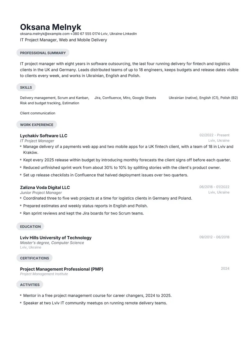 Ukraine resume template sample in Daniel, page 1: fictional IT Project Manager, Web and Mobile Delivery