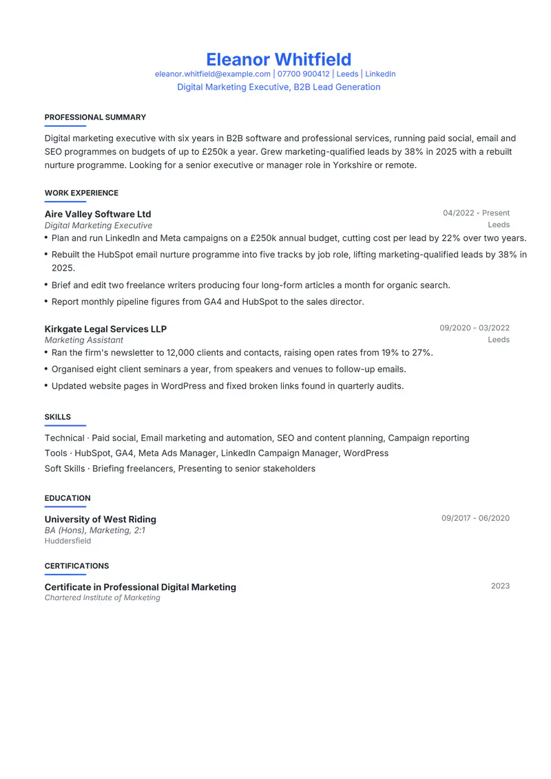 United Kingdom resume template sample in Leslie, page 1: fictional Digital Marketing Executive, B2B Lead Generation