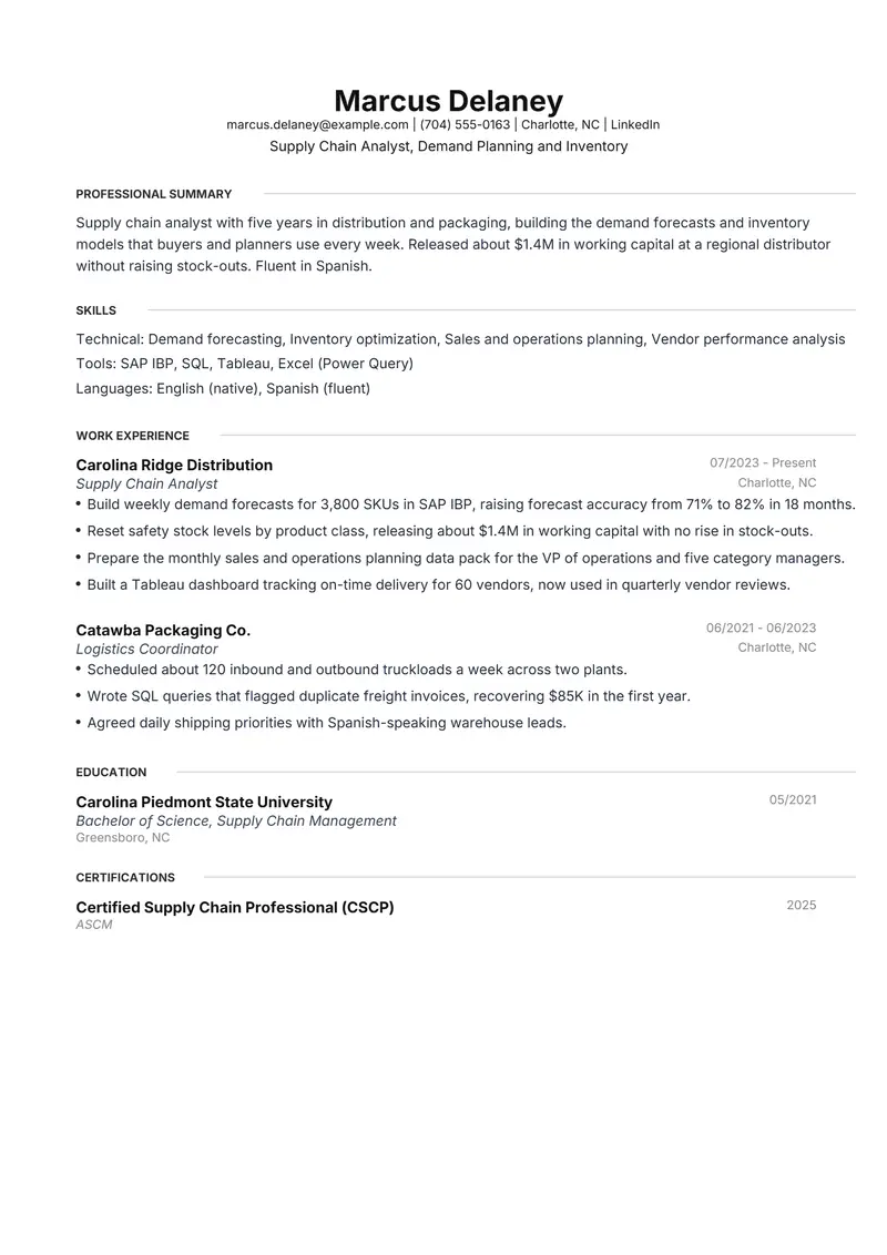 United States resume template sample in Meridian, page 1: fictional Supply Chain Analyst, Demand Planning and Inventory