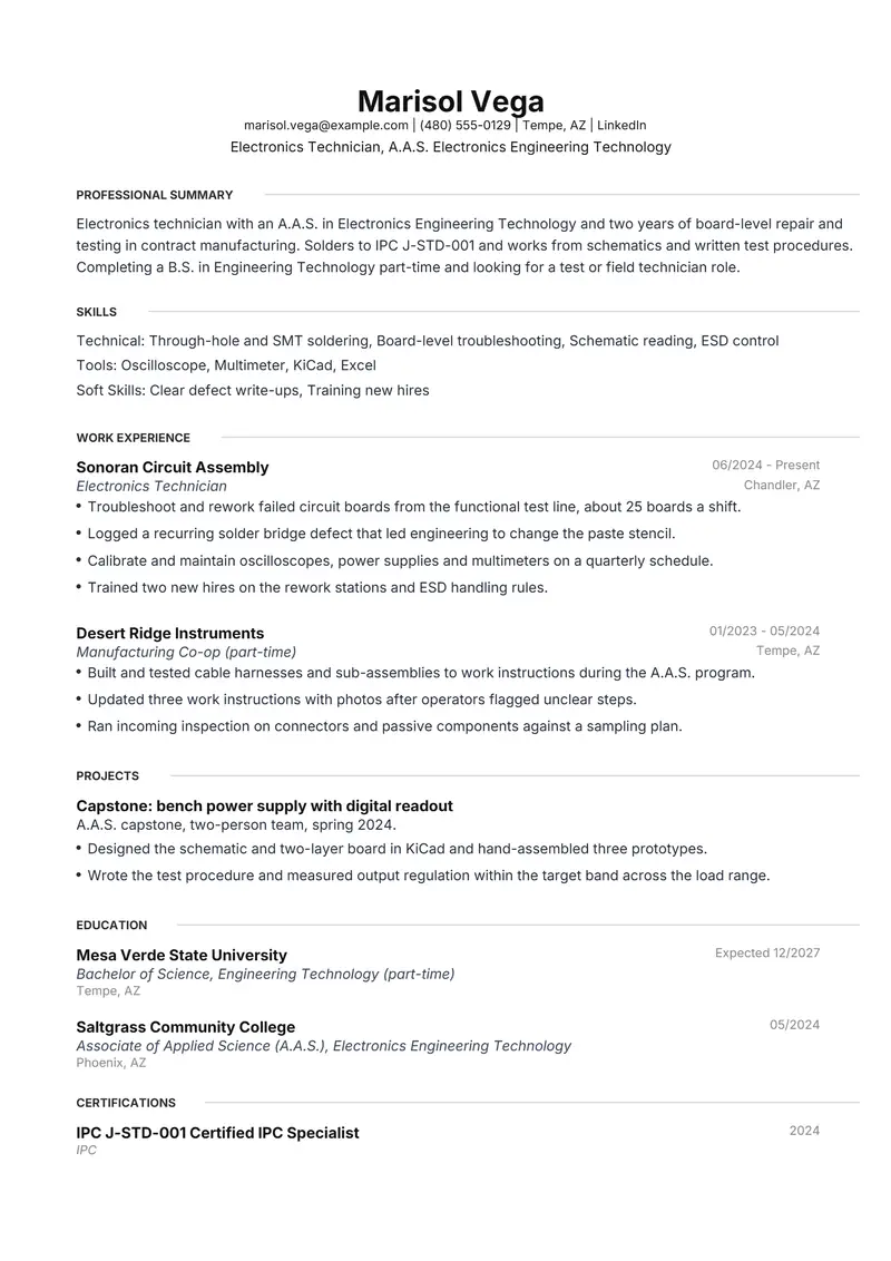 Associate degree resume template sample in Meridian, page 1: fictional Electronics Technician, A.A.S. Electronics Engineering Technology