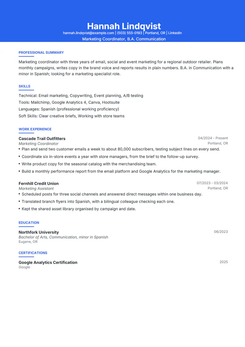 Bachelor's degree resume template sample in Olivia, page 1: fictional Marketing Coordinator, B.A. Communication