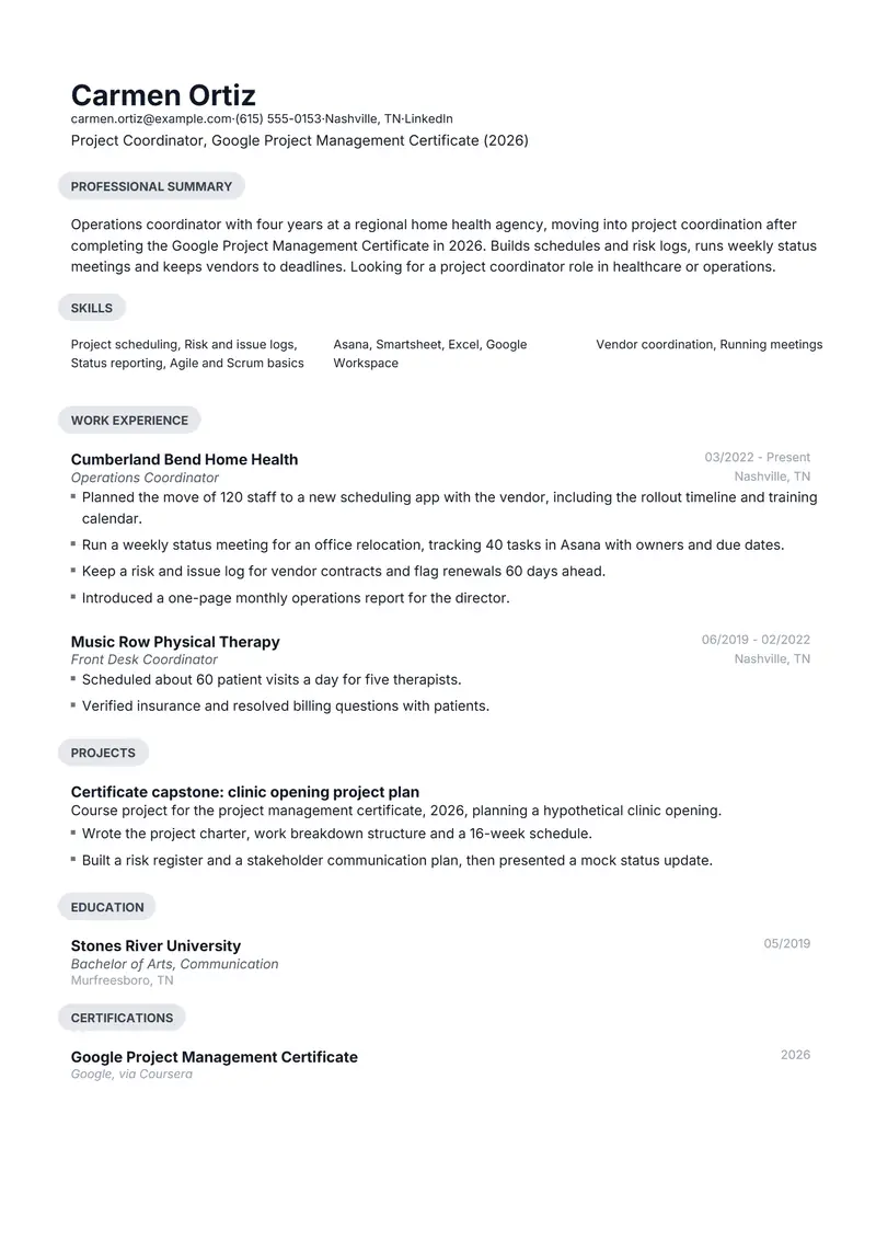 Career certificate resume template sample in Daniel, page 1: fictional Project Coordinator, Google Project Management Certificate (2026)