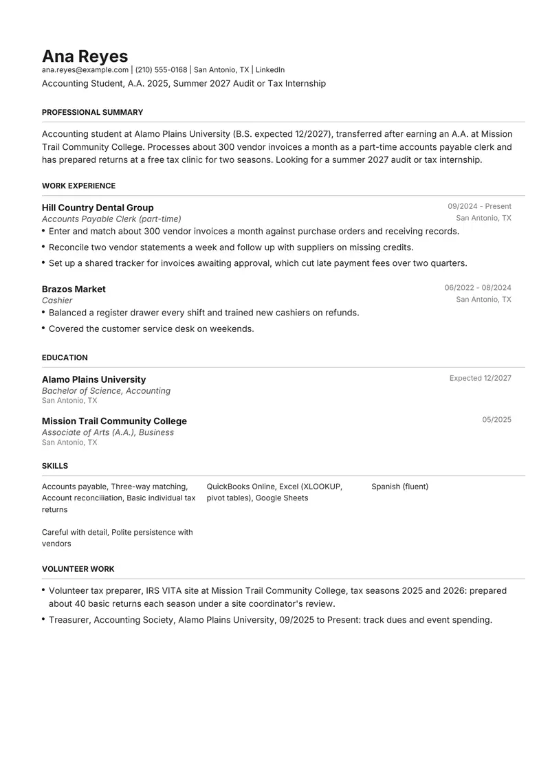 Community college resume template sample in Henrietta, page 1: fictional Accounting Student, A.A. 2025, Summer 2027 Audit or Tax Internship