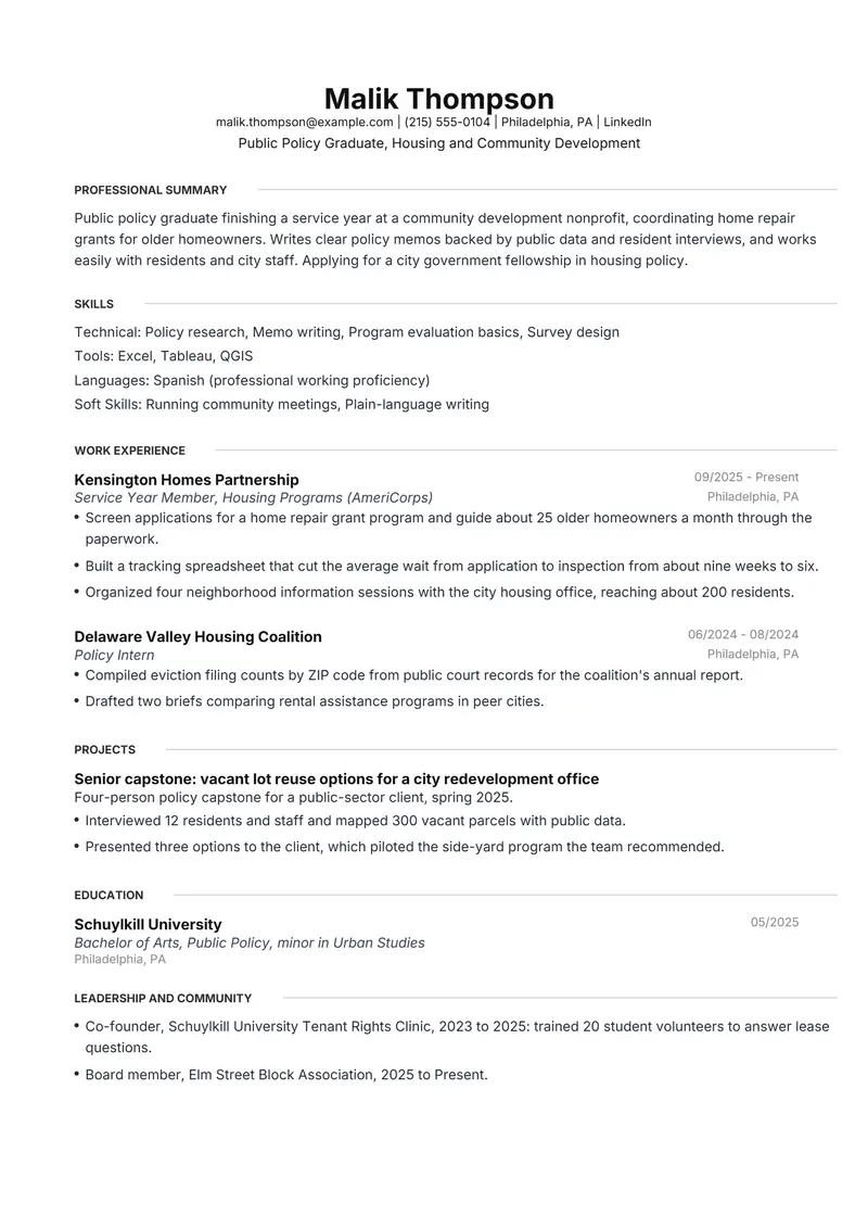 Fellowship application resume template sample in Meridian, page 1: fictional Public Policy Graduate, Housing and Community Development