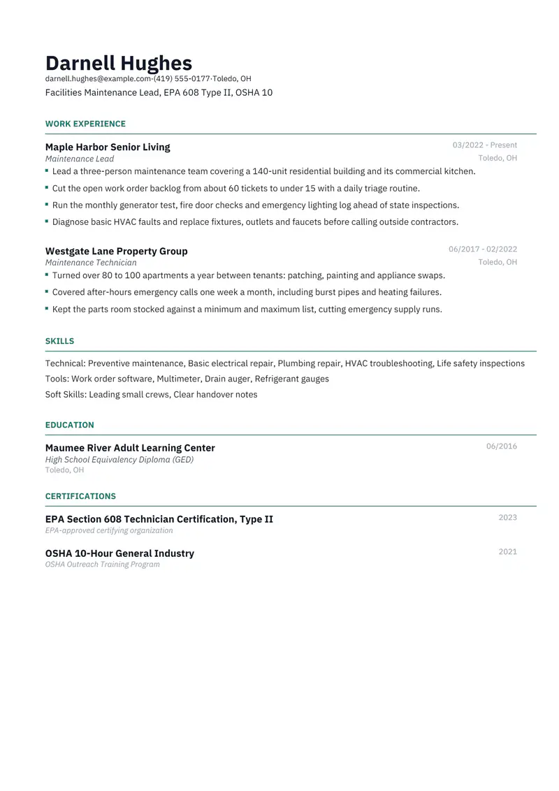 GED resume template sample in Catalyst, page 1: fictional Facilities Maintenance Lead, EPA 608 Type II, OSHA 10