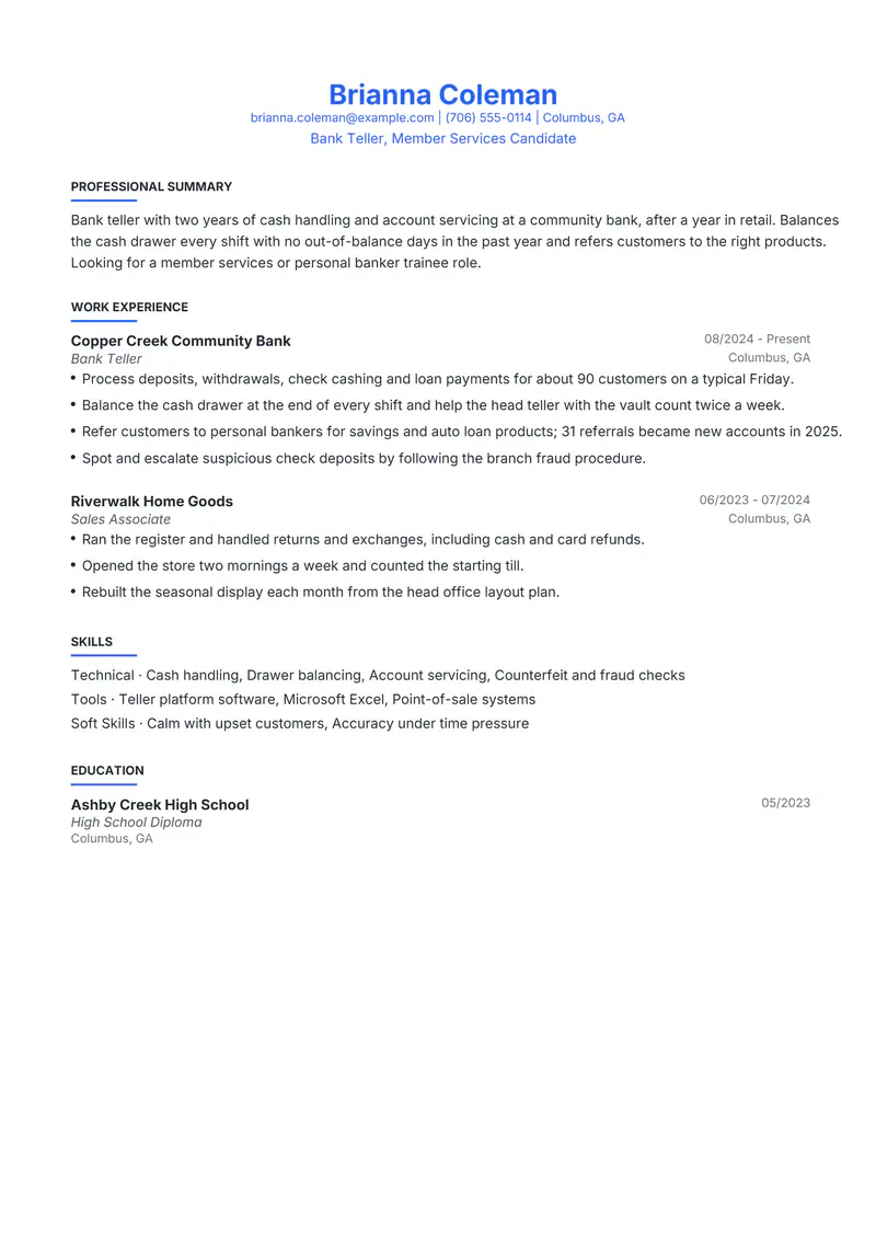 High school diploma resume template sample in Leslie, page 1: fictional Bank Teller, Member Services Candidate