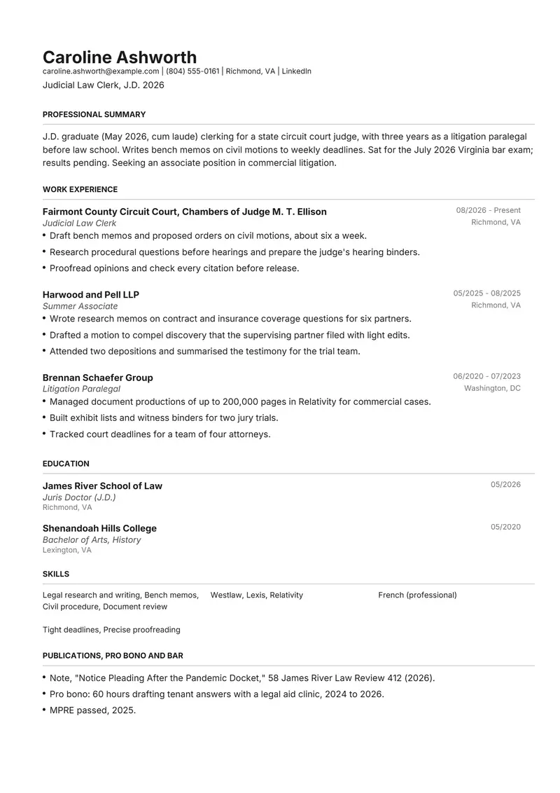 Law school (J.D.) resume template sample in Henrietta, page 1: fictional Judicial Law Clerk, J.D. 2026