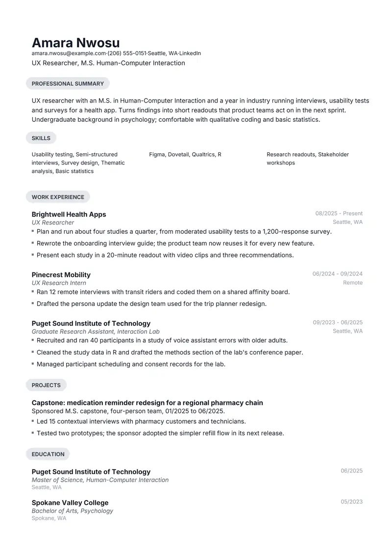 Master's degree resume template sample in Daniel, page 1: fictional UX Researcher, M.S. Human-Computer Interaction