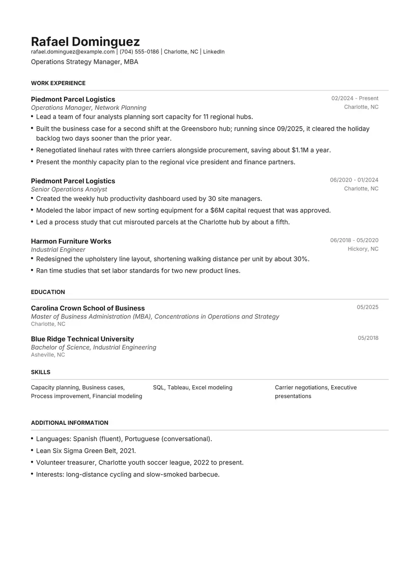MBA resume template sample in Henrietta, page 1: fictional Operations Strategy Manager, MBA