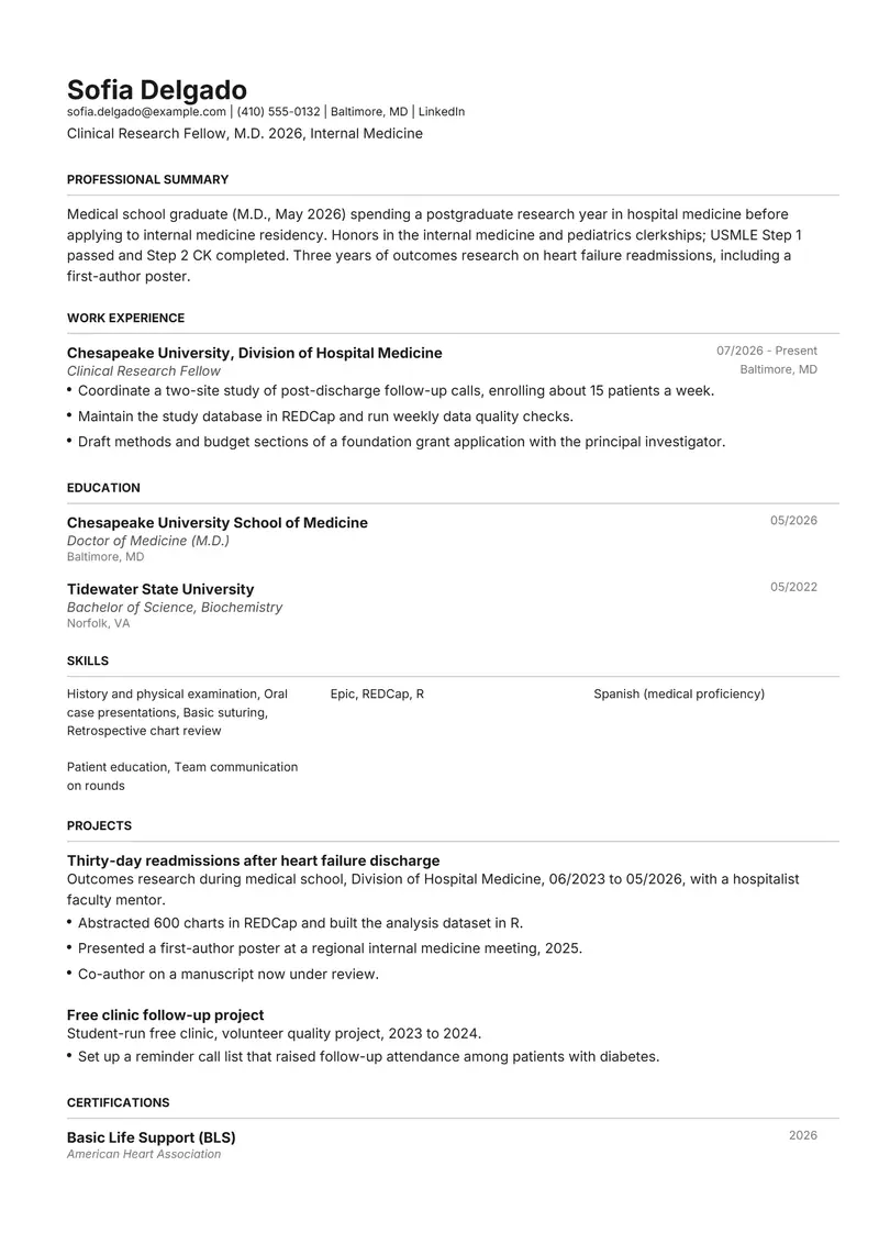 Medical school (M.D.) resume template sample in Henrietta, page 1: fictional Clinical Research Fellow, M.D. 2026, Internal Medicine