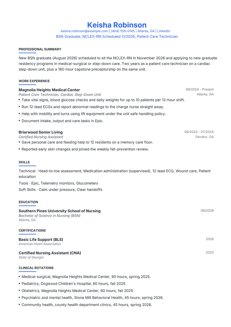 Nursing school resume template sample in Leslie, page 1: fictional BSN Graduate, NCLEX-RN Scheduled 11/2026, Patient Care Technician