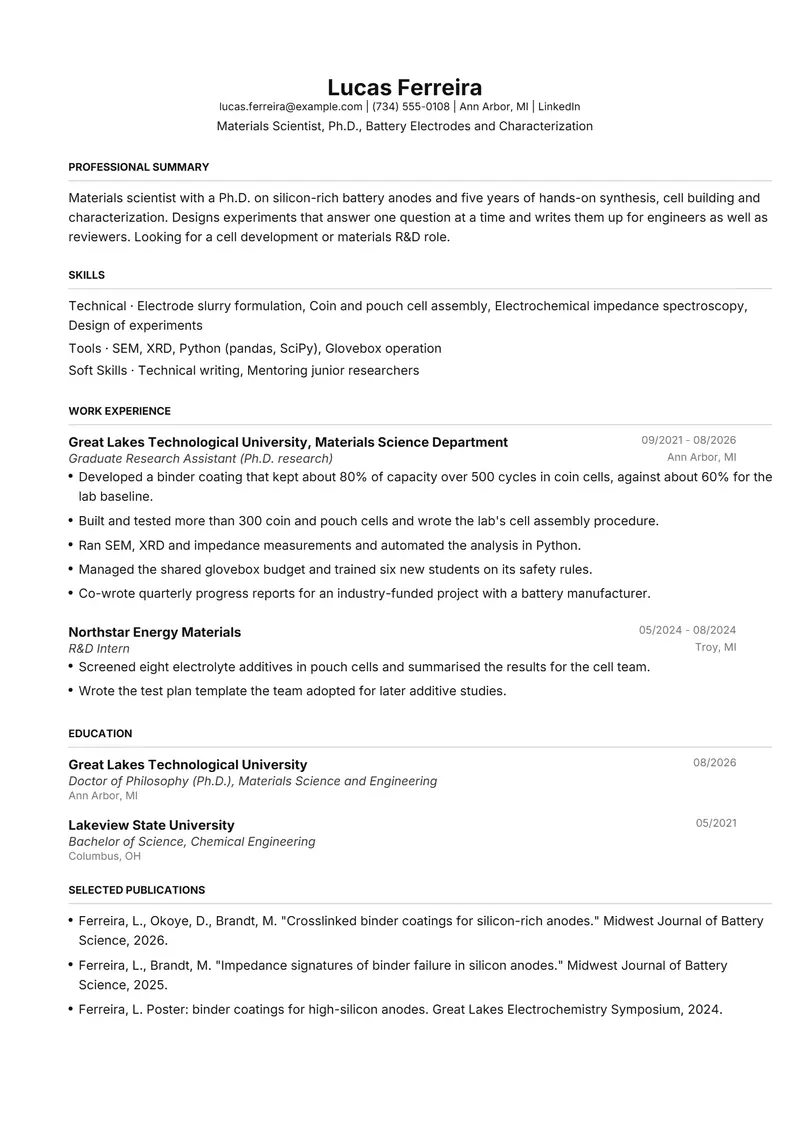 PhD resume template sample in FAANGPath, page 1: fictional Materials Scientist, Ph.D., Battery Electrodes and Characterization
