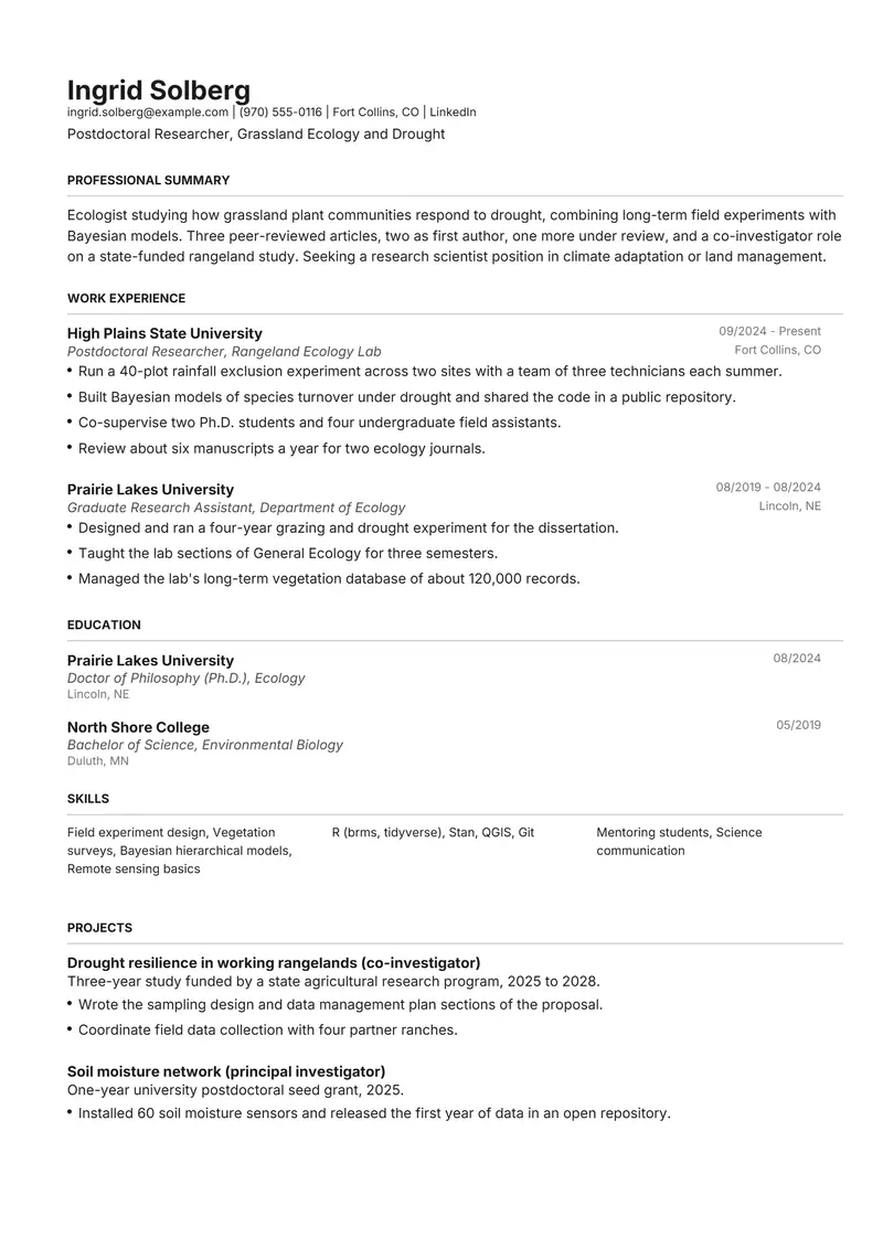 Research CV resume template sample in Henrietta, page 1: fictional Postdoctoral Researcher, Grassland Ecology and Drought