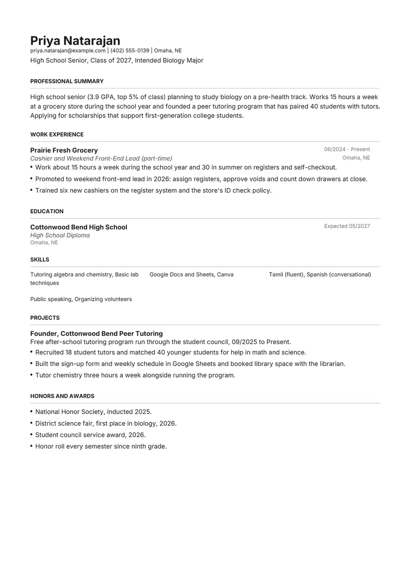 Scholarship application resume template sample in Henrietta, page 1: fictional High School Senior, Class of 2027, Intended Biology Major