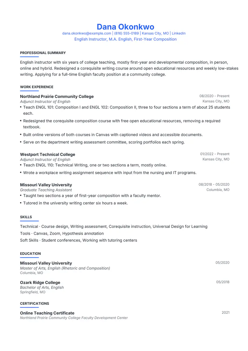 Teaching CV resume template sample in Leslie, page 1: fictional English Instructor, M.A. English, First-Year Composition