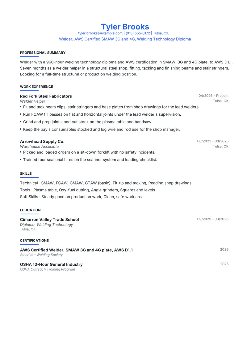 Trade school resume template sample in Leslie, page 1: fictional Welder, AWS Certified SMAW 3G and 4G, Welding Technology Diploma