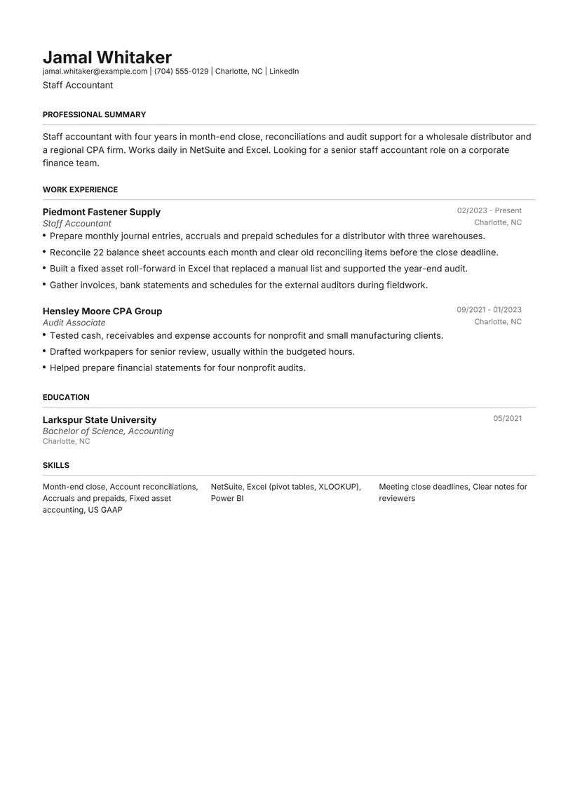 DOCX resume template sample in Henrietta, page 1: fictional Staff Accountant